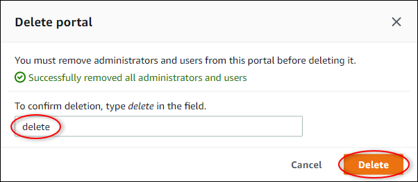 The "Delete portal" dialog box with "Delete" highlighted.
