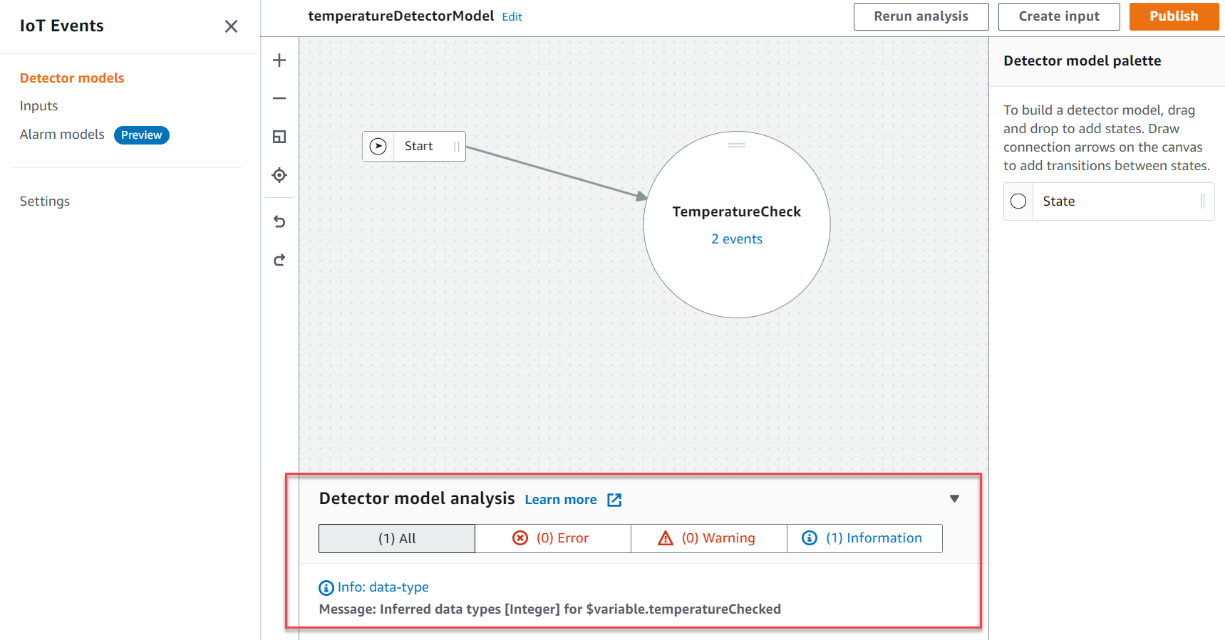 Screenshot of how to analyze detector models in the AWS IoT Events console.