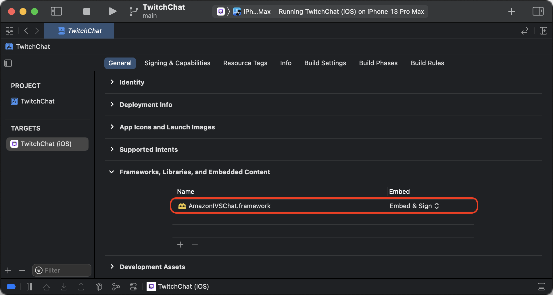 The Frameworks, Libraries, and Embedded Content section of the General tab for your application target.