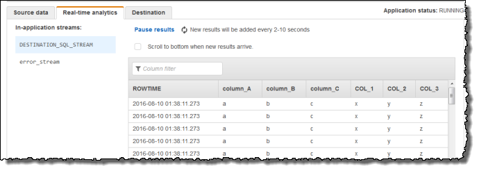 Console screenshot showing real-time analytics tab with in-application stream.