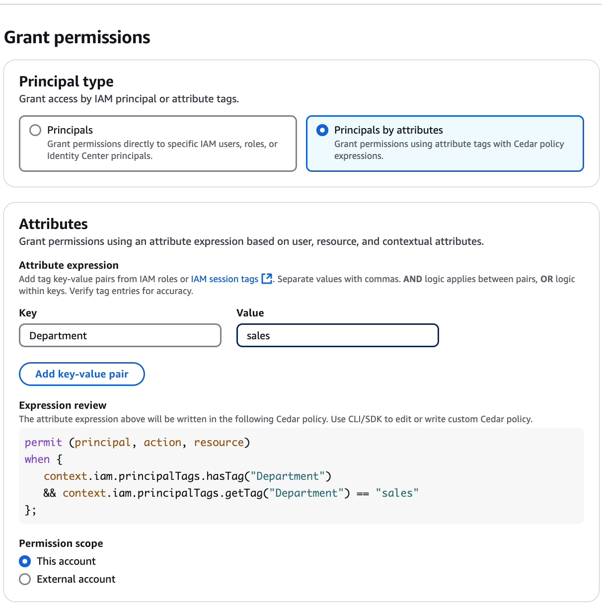 In the Grant permissions dialog box, an attribute expression is created.