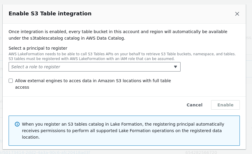 The enable S3 integration screen with IAM role.