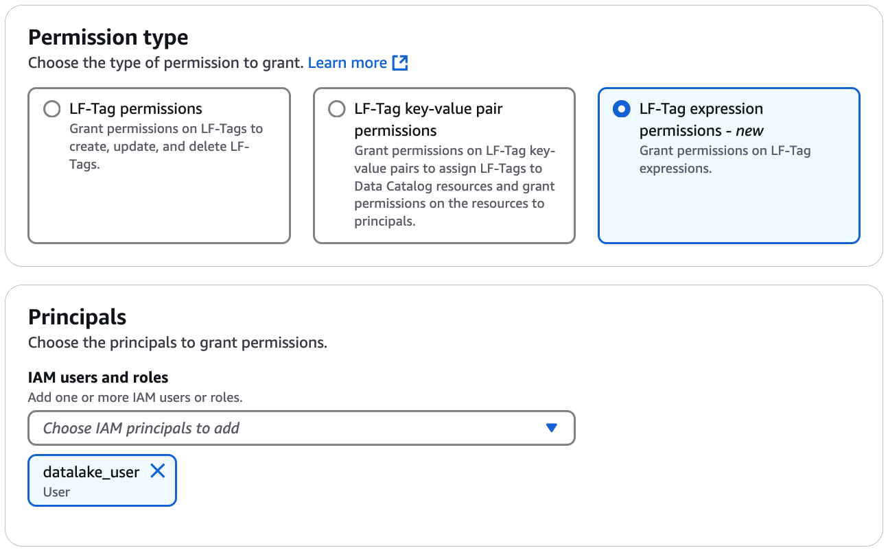 Permission type selection interface with LF-Tag expression permissions highlighted.