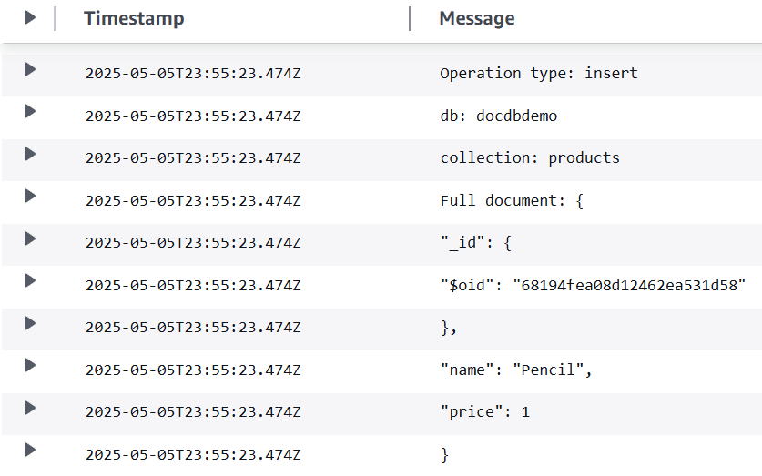 CloudWatch log stream for database record insertion