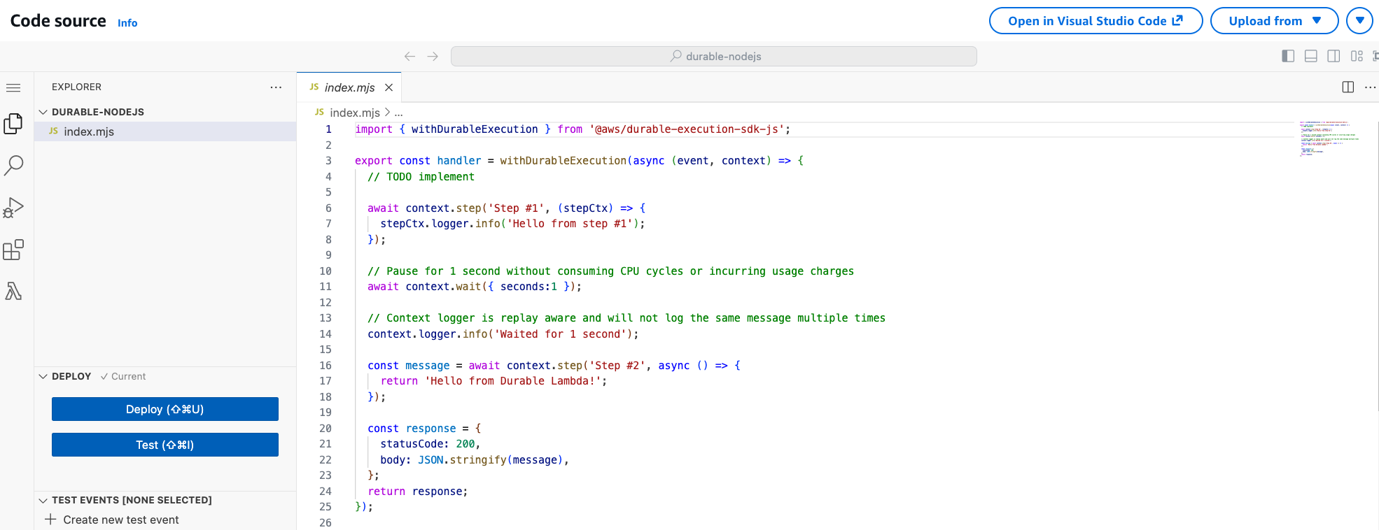 Diagram showing the console code editor and the index.mjs file in the file explorer