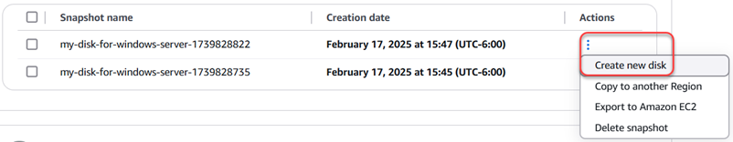 Create a new disk from a snapshots in the Lightsail home page.