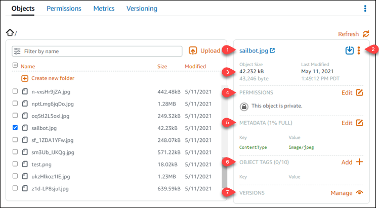 The object properties pane in the Lightsail console