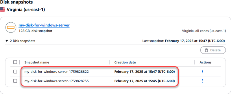 Expand the disk snapshots in the Snapshots tab of the Lightsail home page.