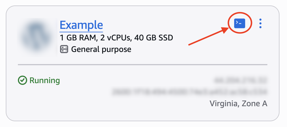 SSH quick connect on the Lightsail home page.