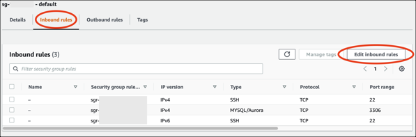 Inbound rules tab screenshot of the Amazon RDS console.