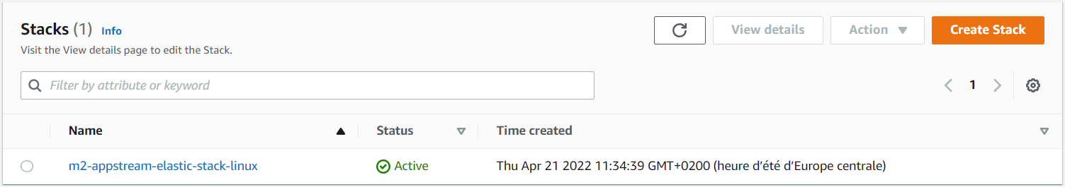 The Stacks page in WorkSpaces Applications showing the stack created for AWS Mainframe Modernization.