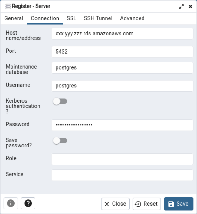 The pgAdmin Register Server dialog box. The Connection tab is selected.