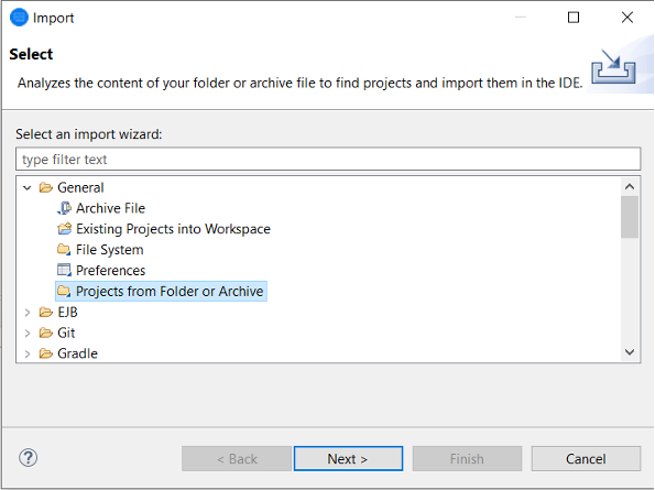 The Import box with projects from folder or archive selected.