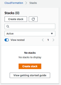 CloudFormation Stacks interface showing no stacks and options to create or view guide.