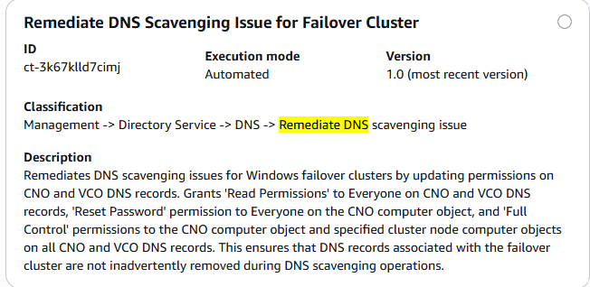 Screenshot of the Remediate DNS scavenging issue change type in the AMS console
