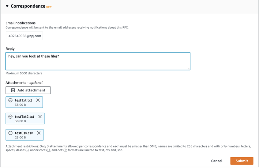 Correspondence section showing comment box and attachments.