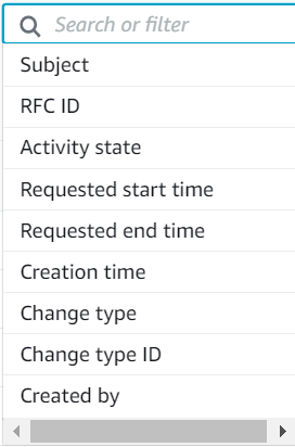 Search or filter options including Subject, RFC ID, Activity state, and various time-related fields.