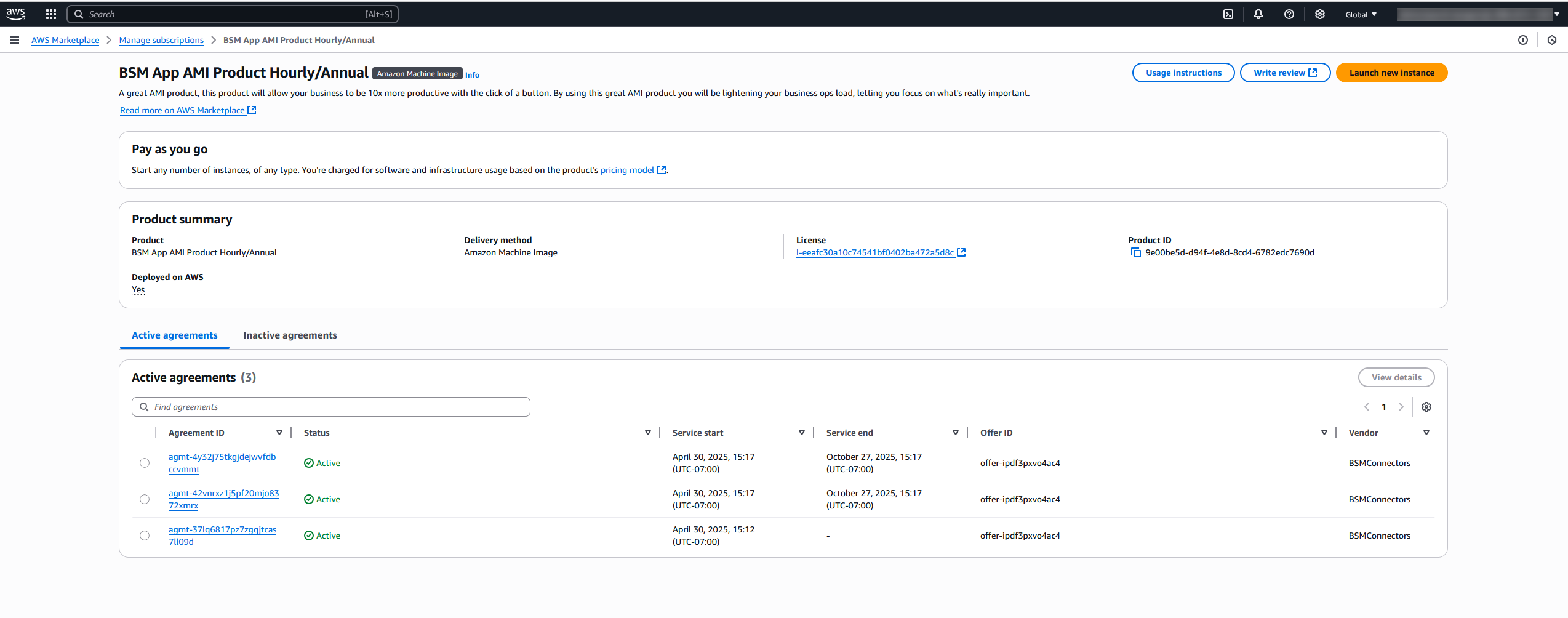 The subscription detail page showing agreements for a specific product