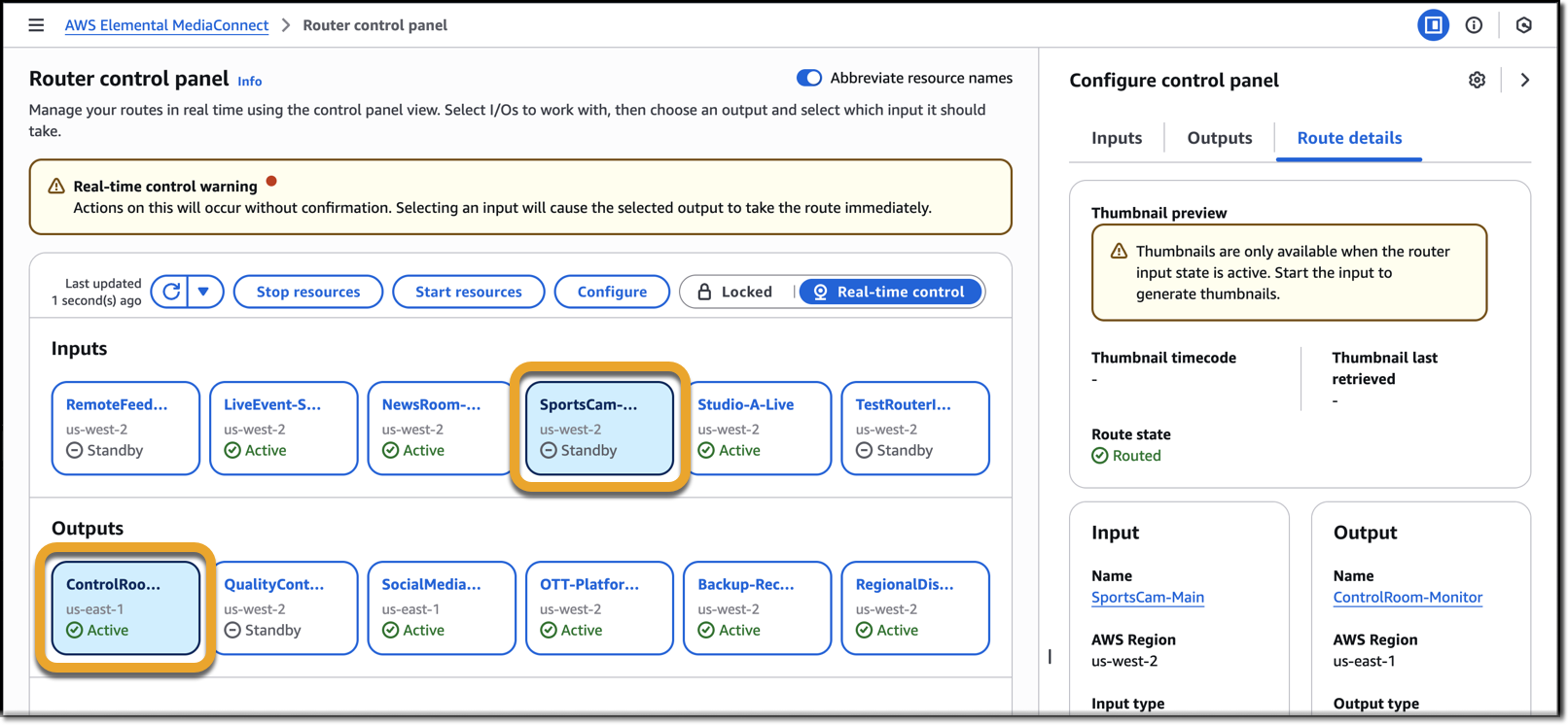 MediaConnect router control panel showing an active route between an input and output, with the route highlighted in blue.