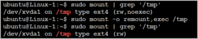 Terminal commands showing mount operations and grep searches for /tmp directory.