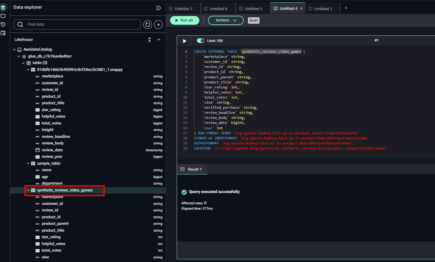 Image showing the query editor running an Athena query on the AWS Glue data