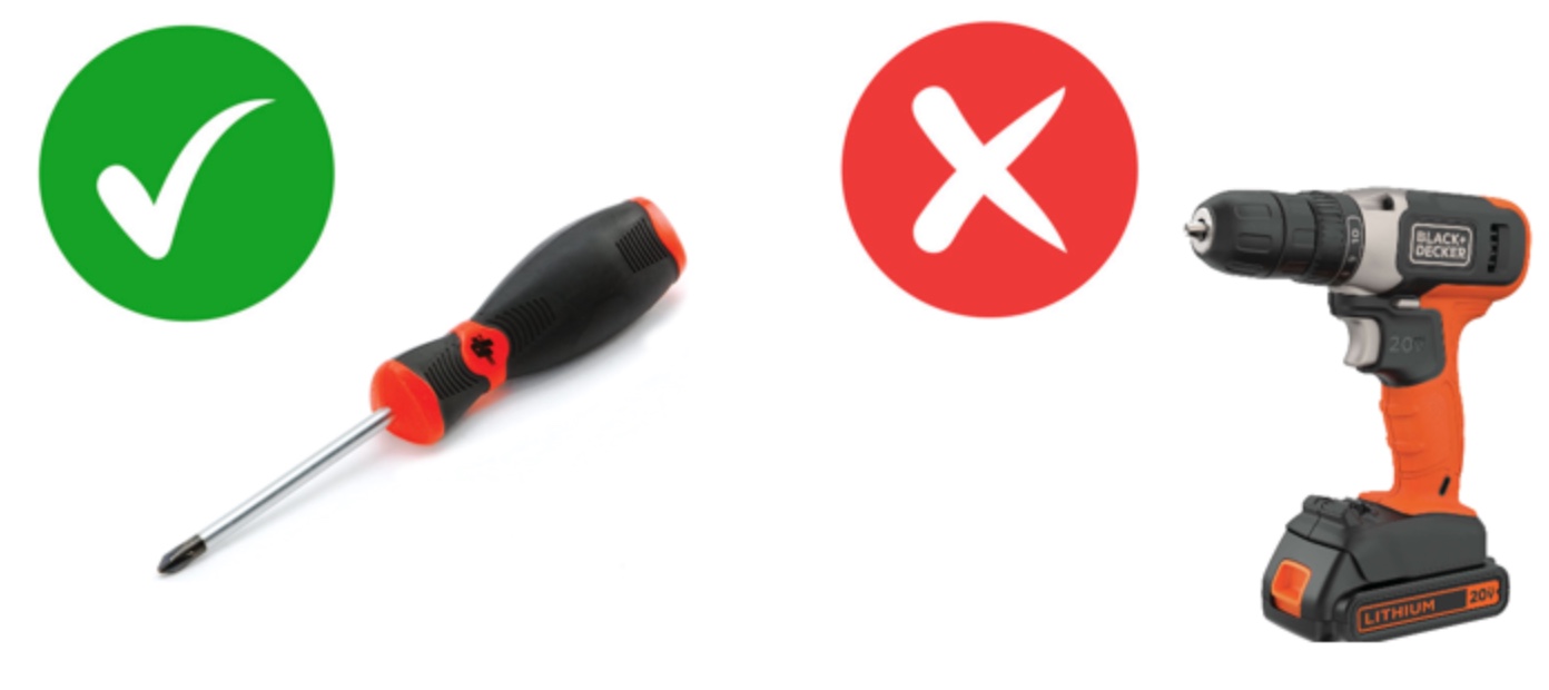 Shows the type of screwdriver you can use to attach the NSK to the server. Also shows the type of screwdriver you can't use.