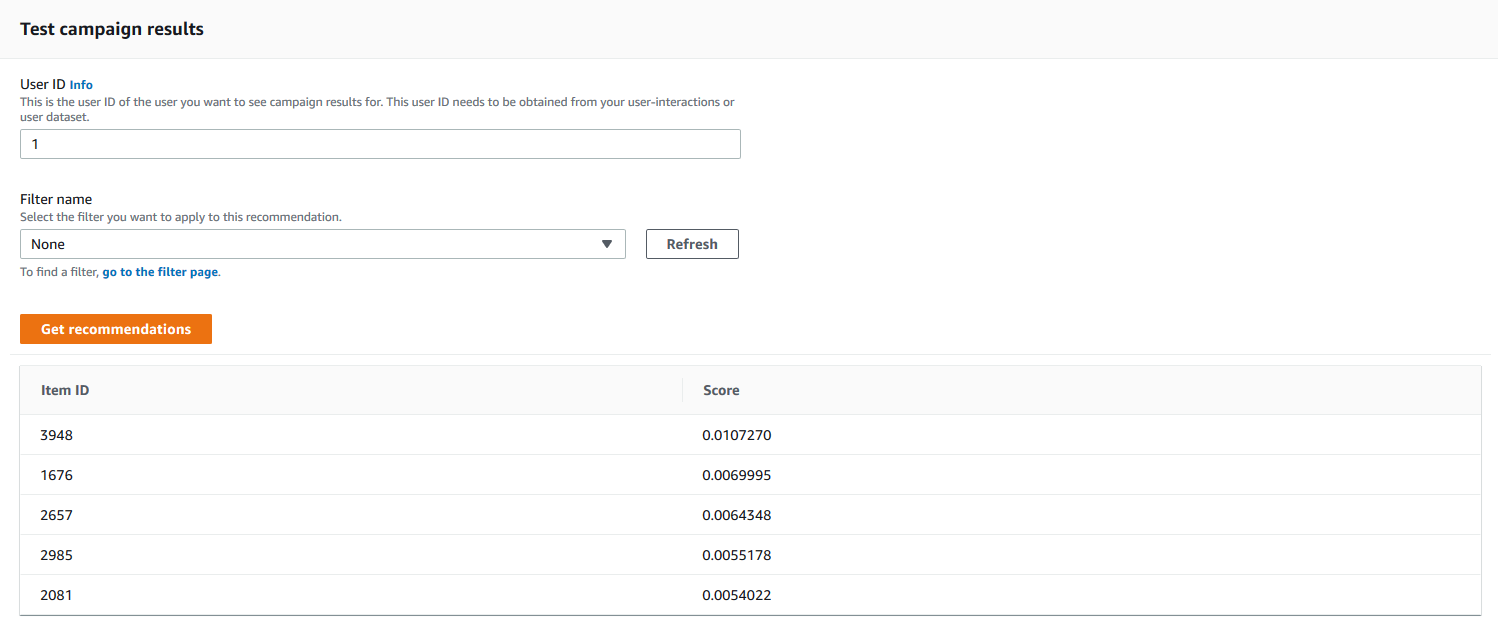Depicts recommendation results without applying a filter.