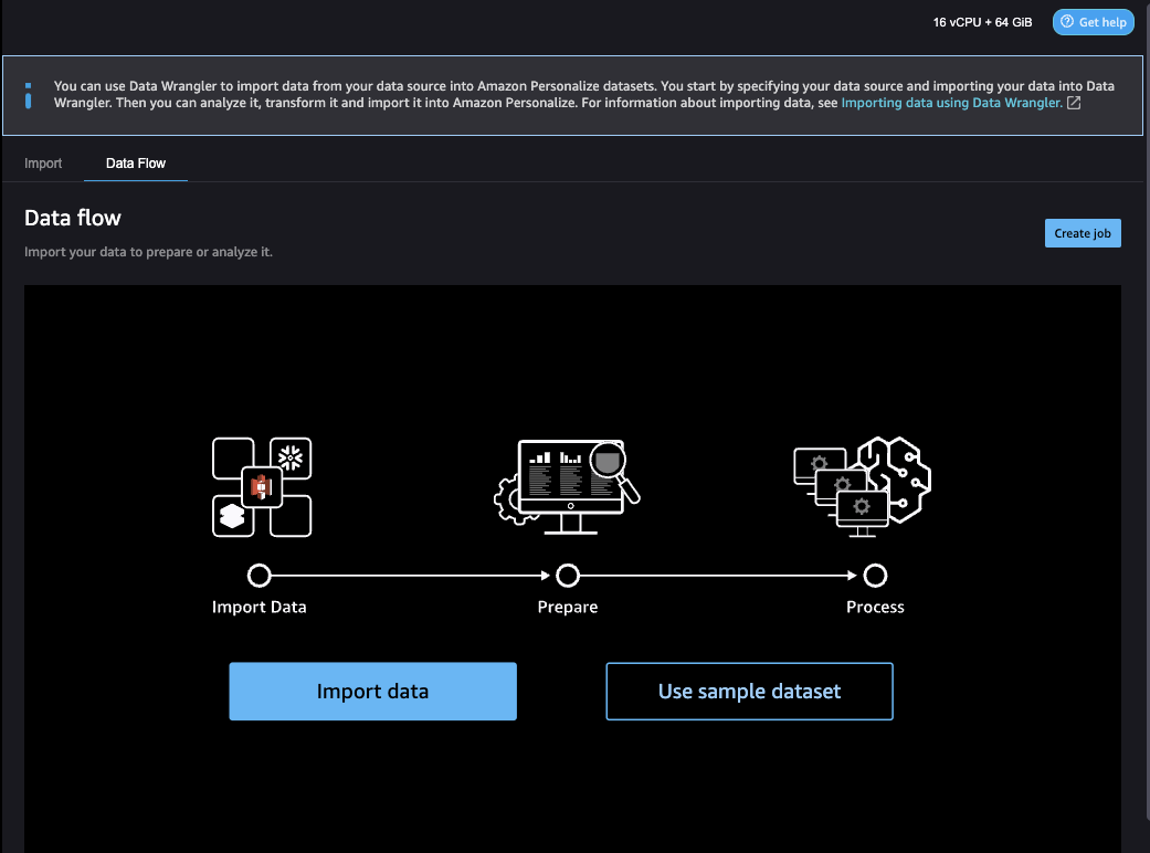 Depicts the Data flow page of Data Wrangler with Import data and Use sample dataset options.