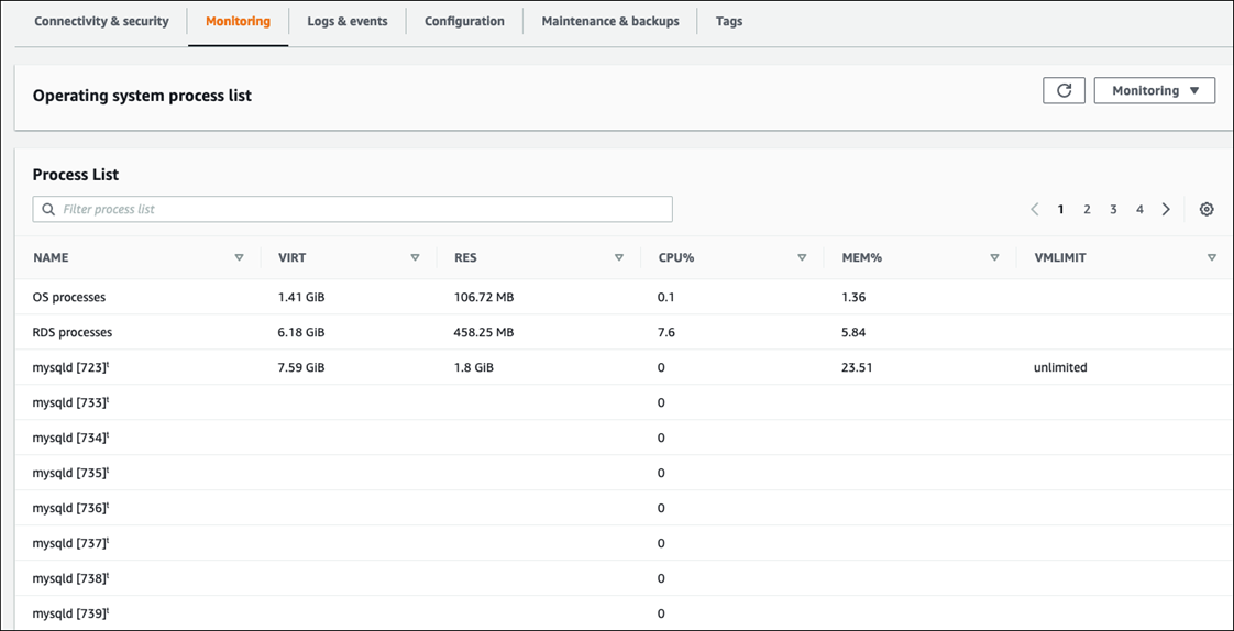 OS process list in the Amazon RDS console