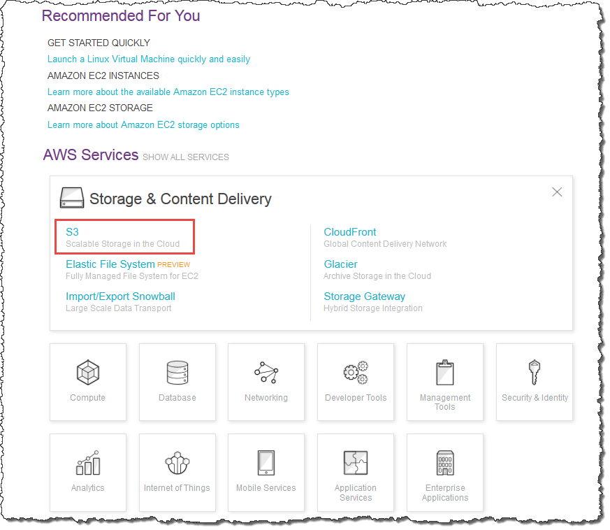 AWS Services dashboard showing Storage & Content Delivery options, including S3 and CloudFront.