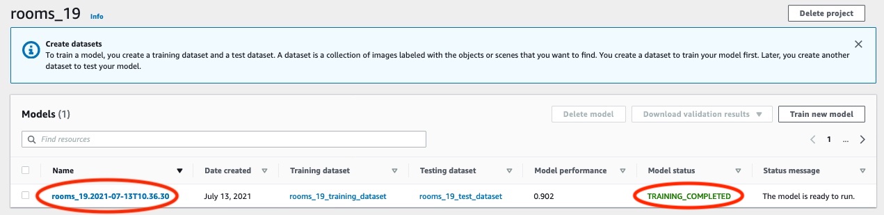 Rooms 19 model info showing status TRAINING_COMPLETED indicating the model is ready.