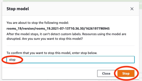 Input field with "stop" entered, and Stop button to confirm stopping a model.