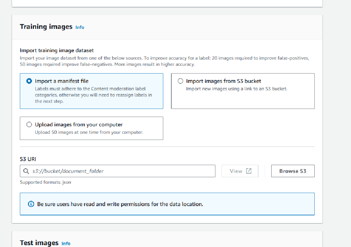 Interface showing options to import training images, with options to import a manifest file, import from S3 bucket, or upload images from computer. Includes an S3 URI field and note about ensuring read/write permissions.