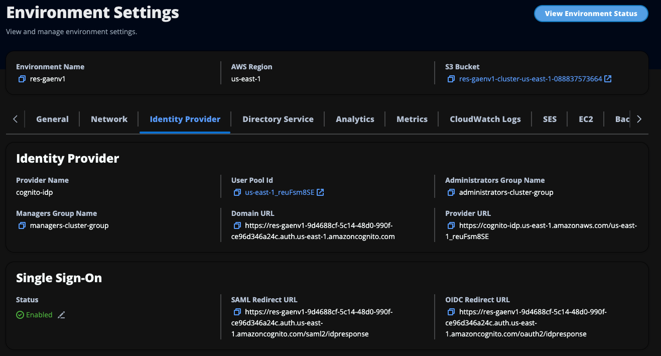The Environment Settings user interface in RES, including a section for Single Sign-On.
