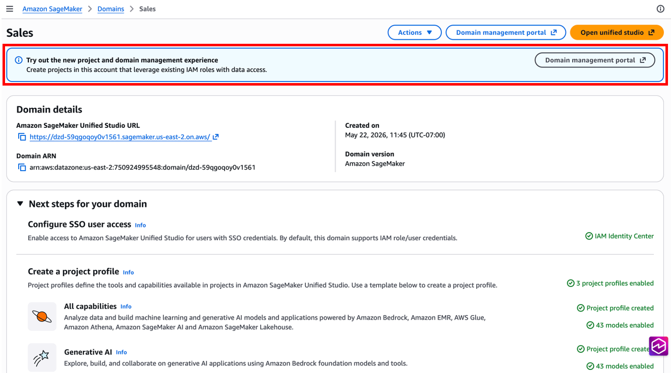 Domain management button in the SageMaker console domain details page
