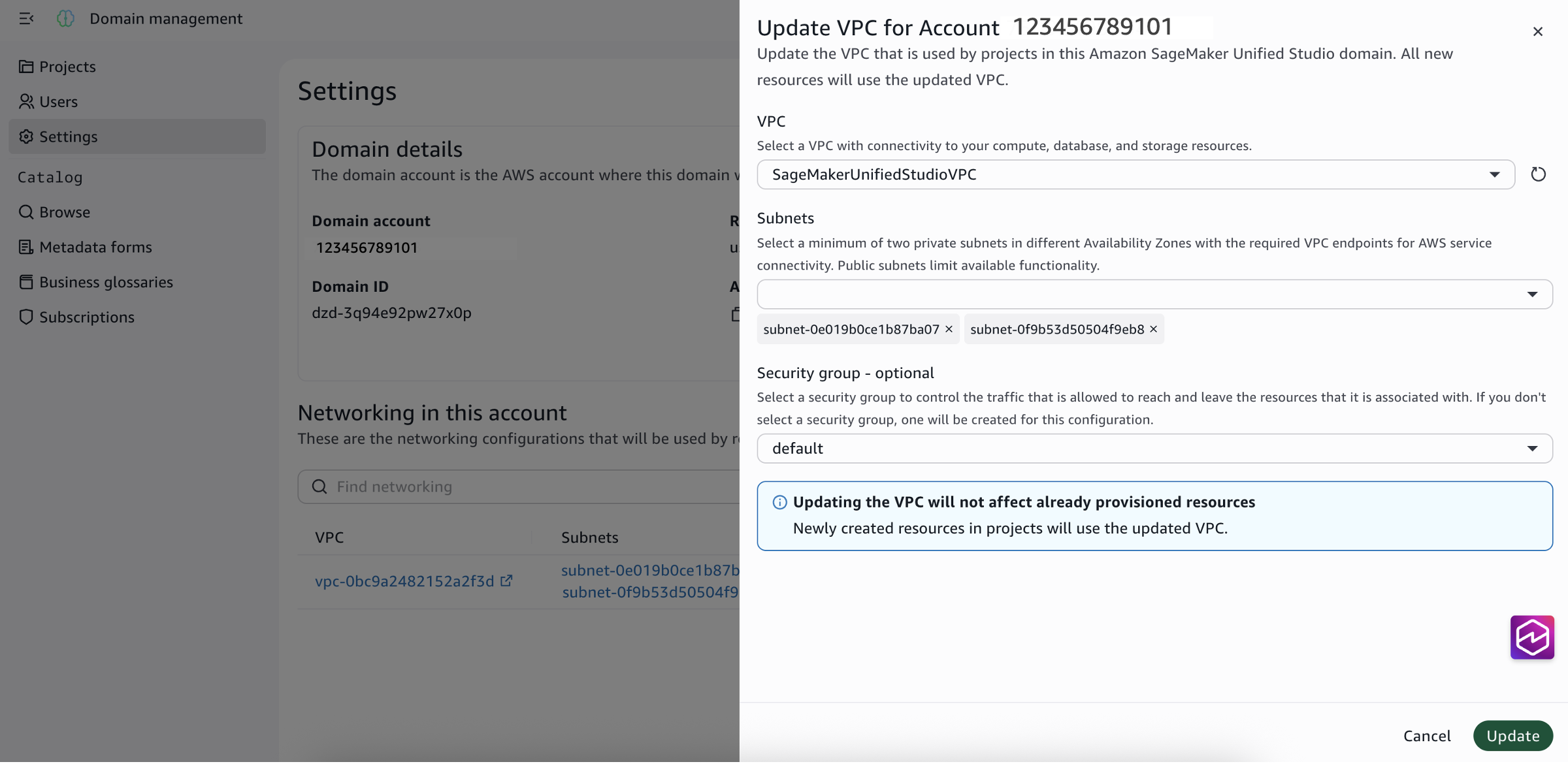Update VPC configuration in Amazon SageMaker Unified Studio