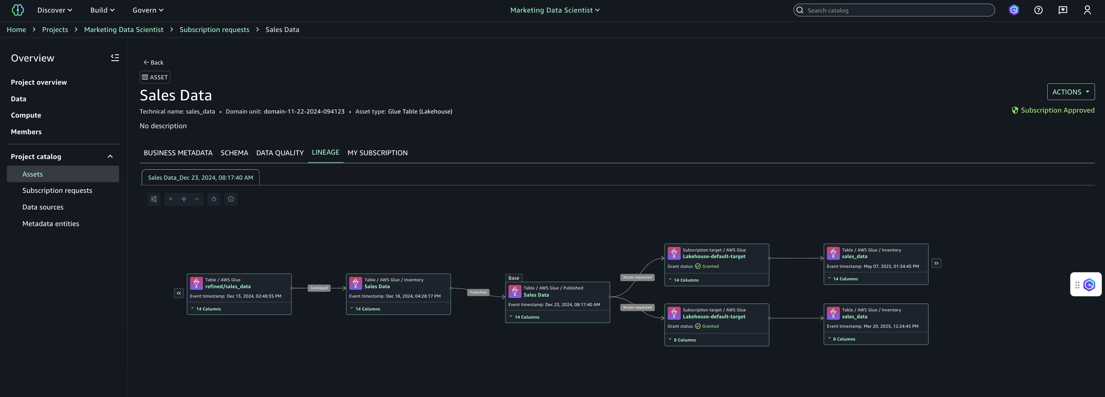 Sample lineage graph for a user who is a data consumer.