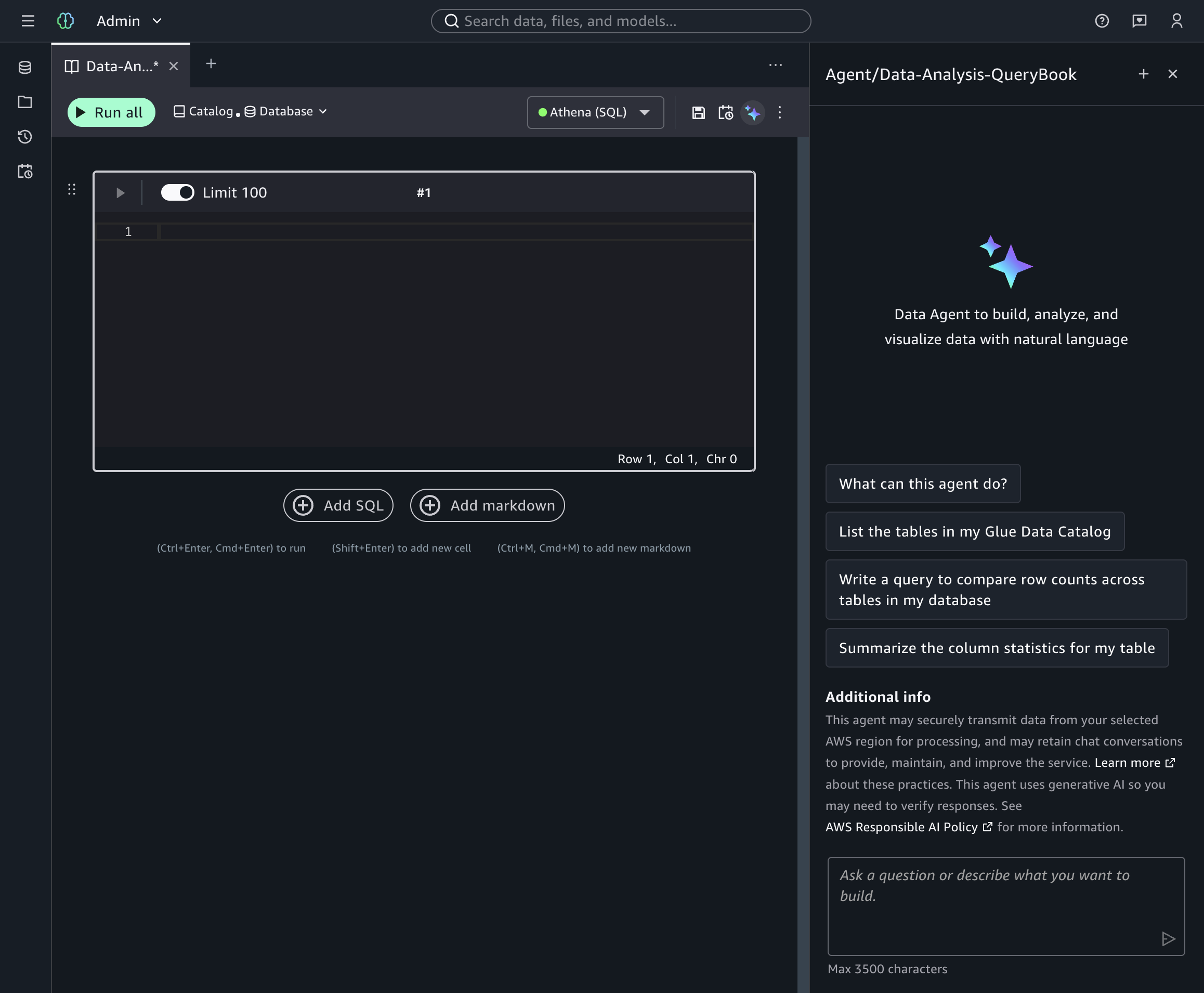 The SageMaker Data Agent panel in the Query Editor, showing sample prompts and the chat interface.