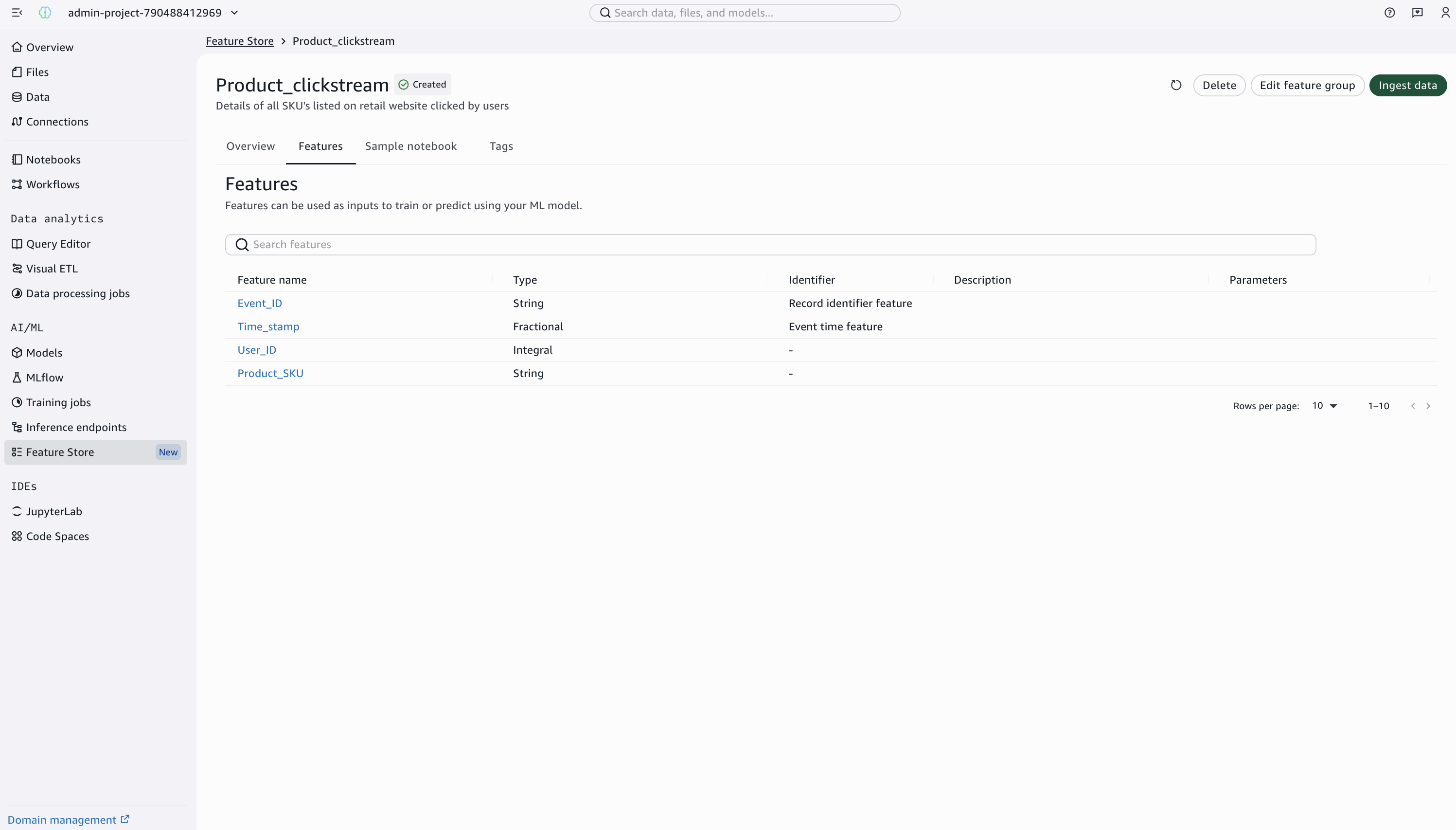 Feature group detail page showing the Features tab