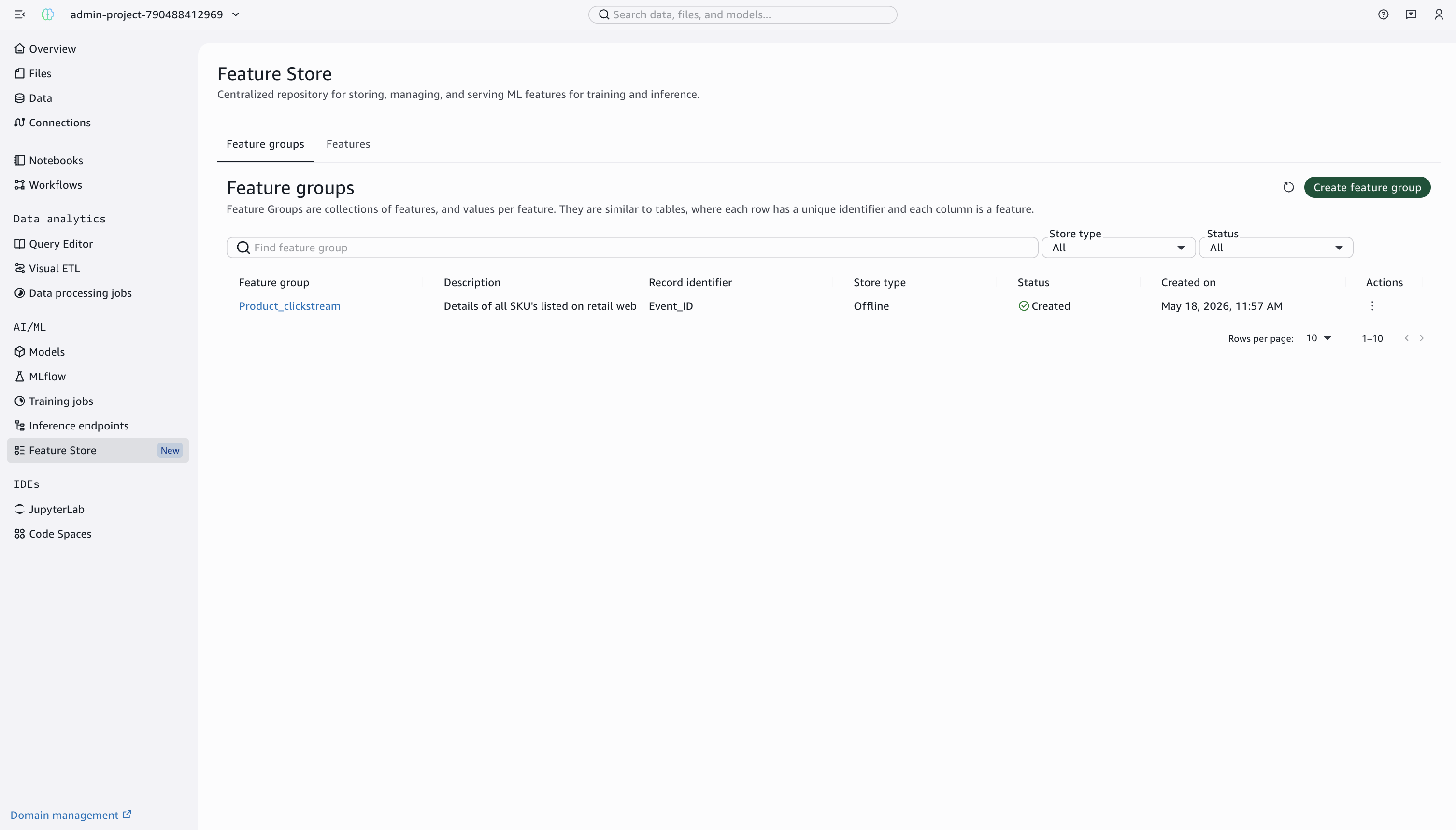 Feature Store landing page showing the list of feature groups