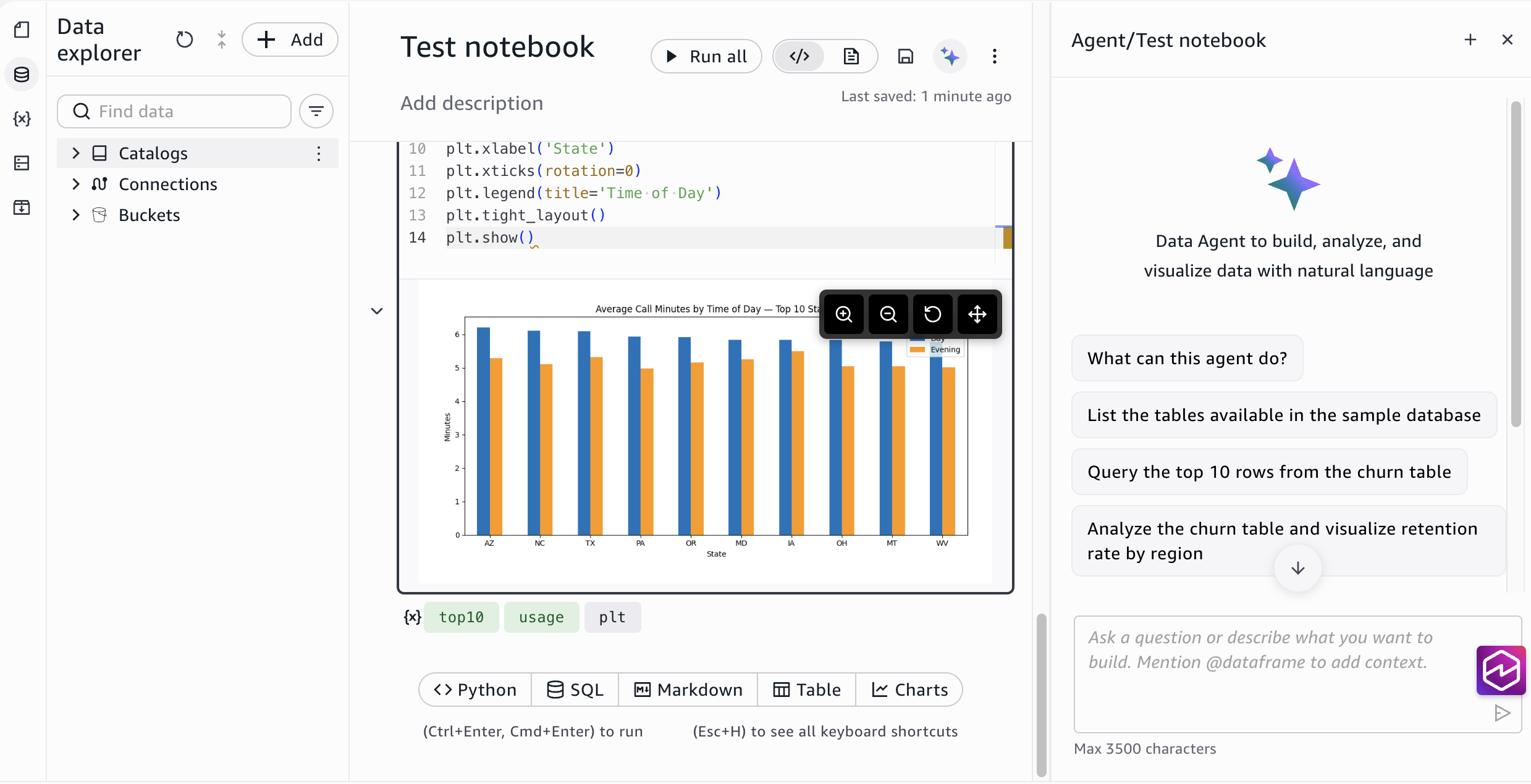 The Data Agent panel open with the Ask a question text box.