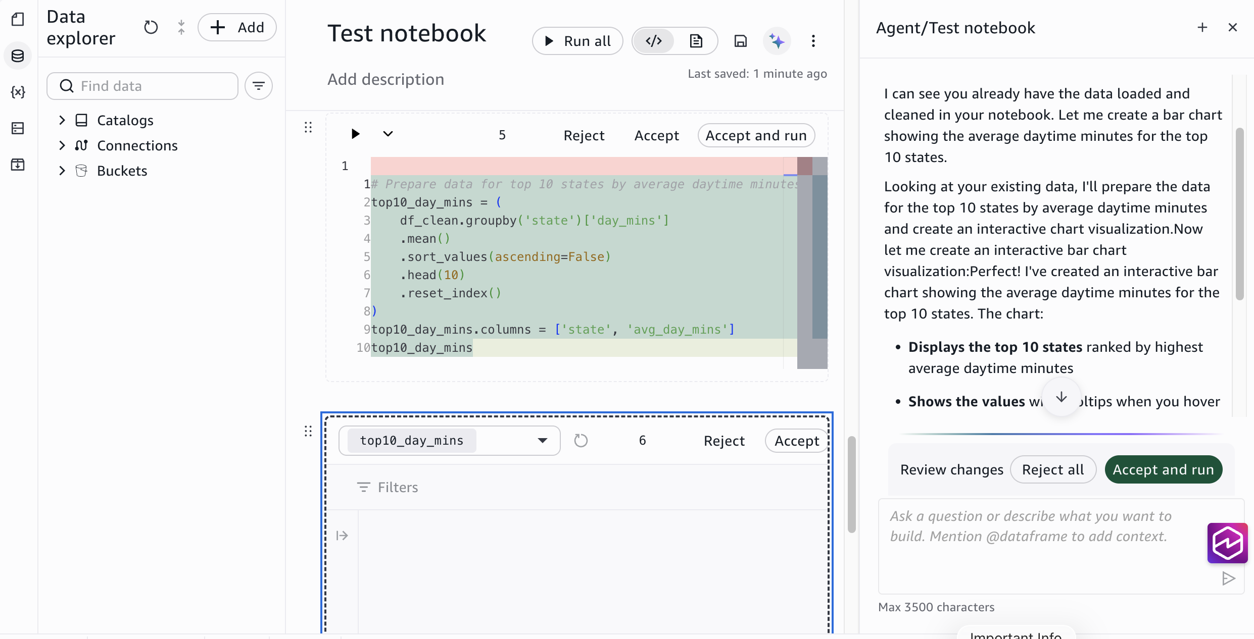 A natural language query entered in the Data Agent panel requesting a bar chart.