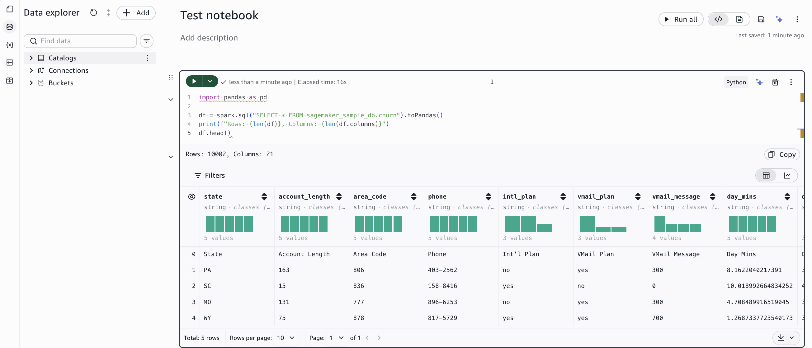 Notebook cell output showing the loaded churn dataset with 10002 rows and 21 columns, displaying a table preview with columns for state, account_length, area_code, and others.