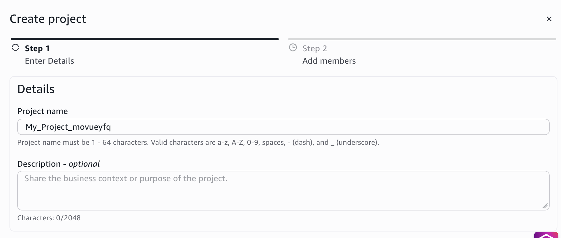 The Create project wizard Step 1 showing project name and description fields.