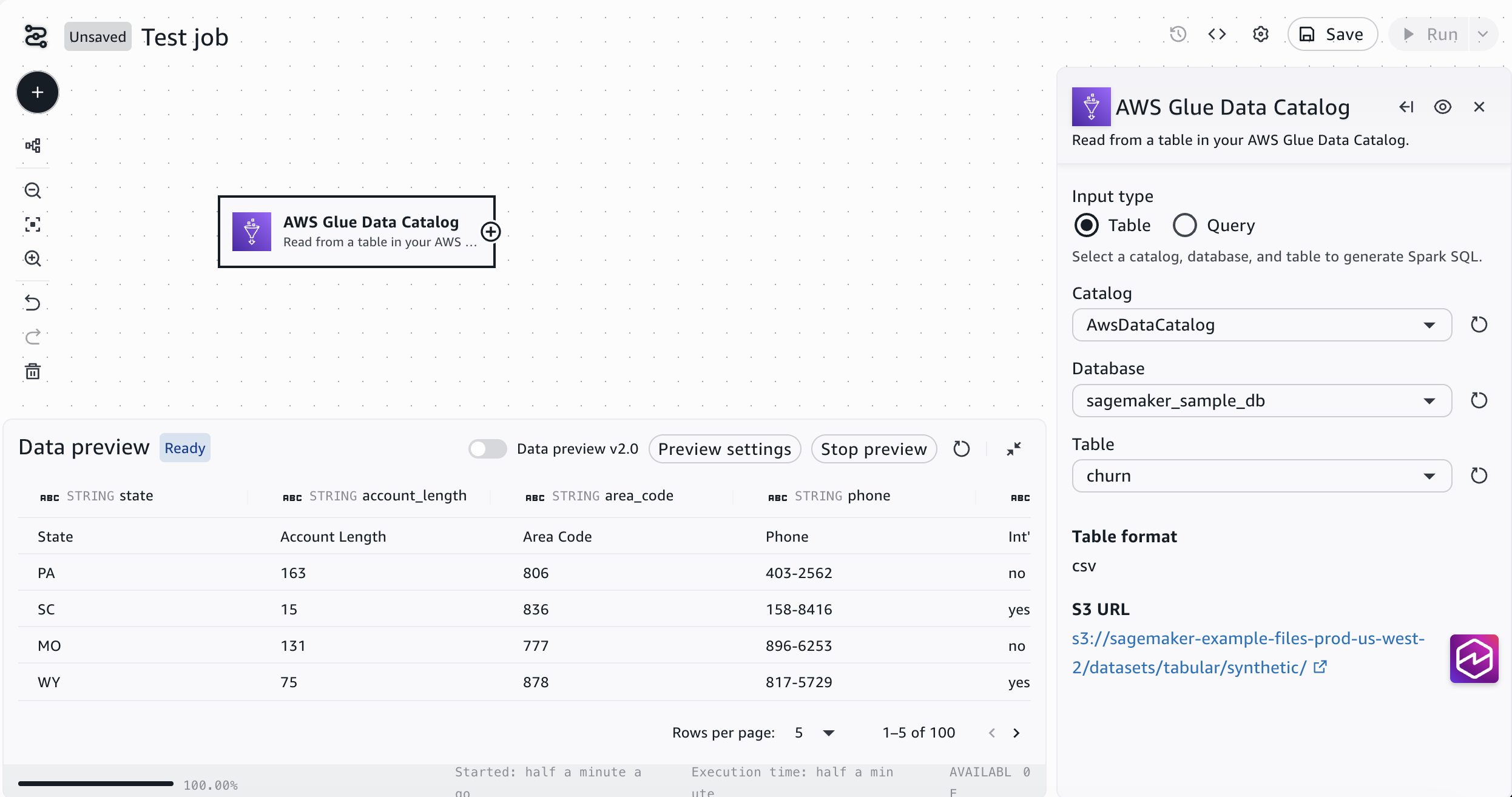 The visual ETL canvas with an AWS Glue Data Catalog source node configured to read from the sagemaker_sample_db database and churn table.