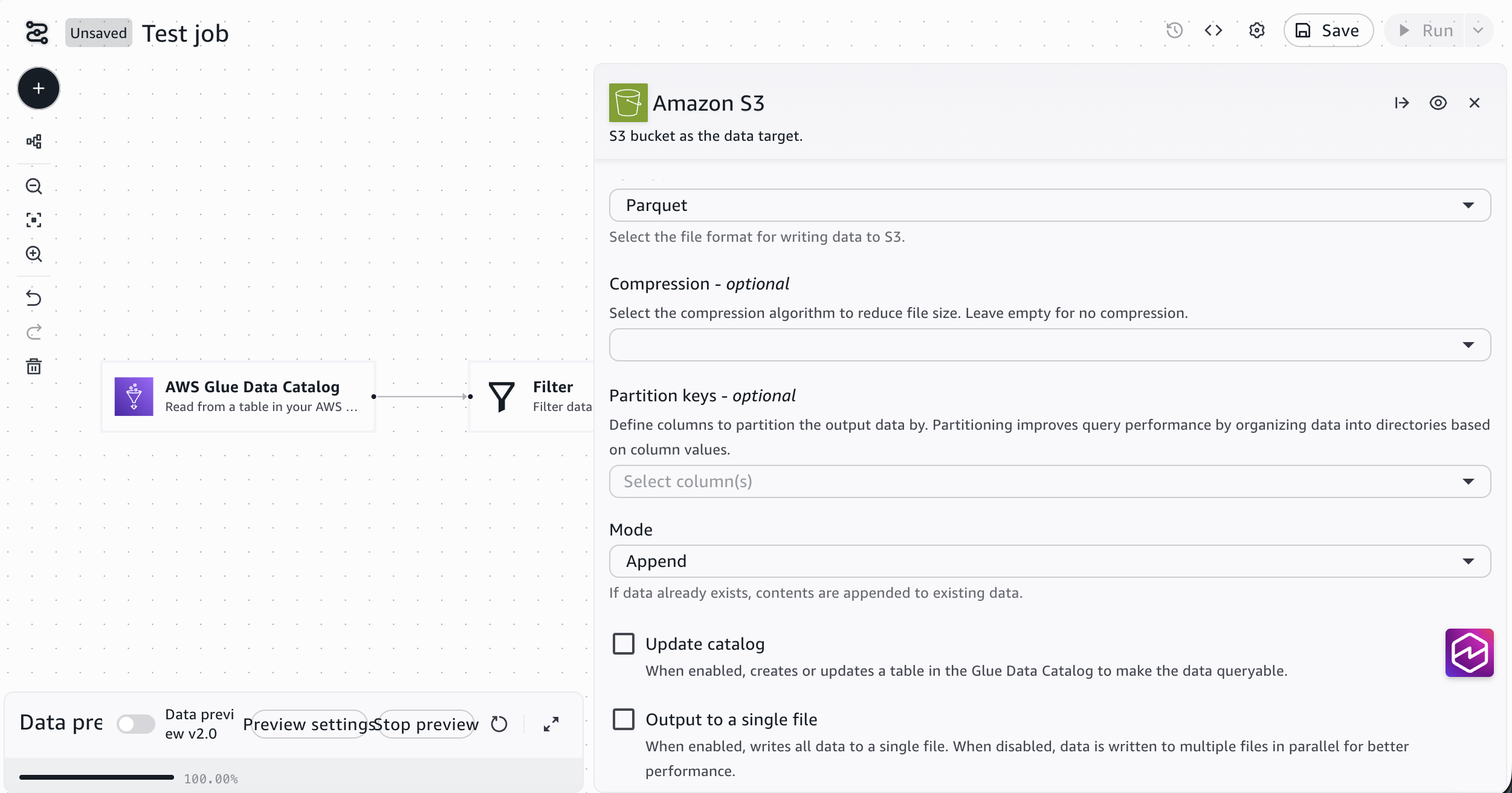 The Amazon S3 target node configured with Parquet format and an S3 target location.