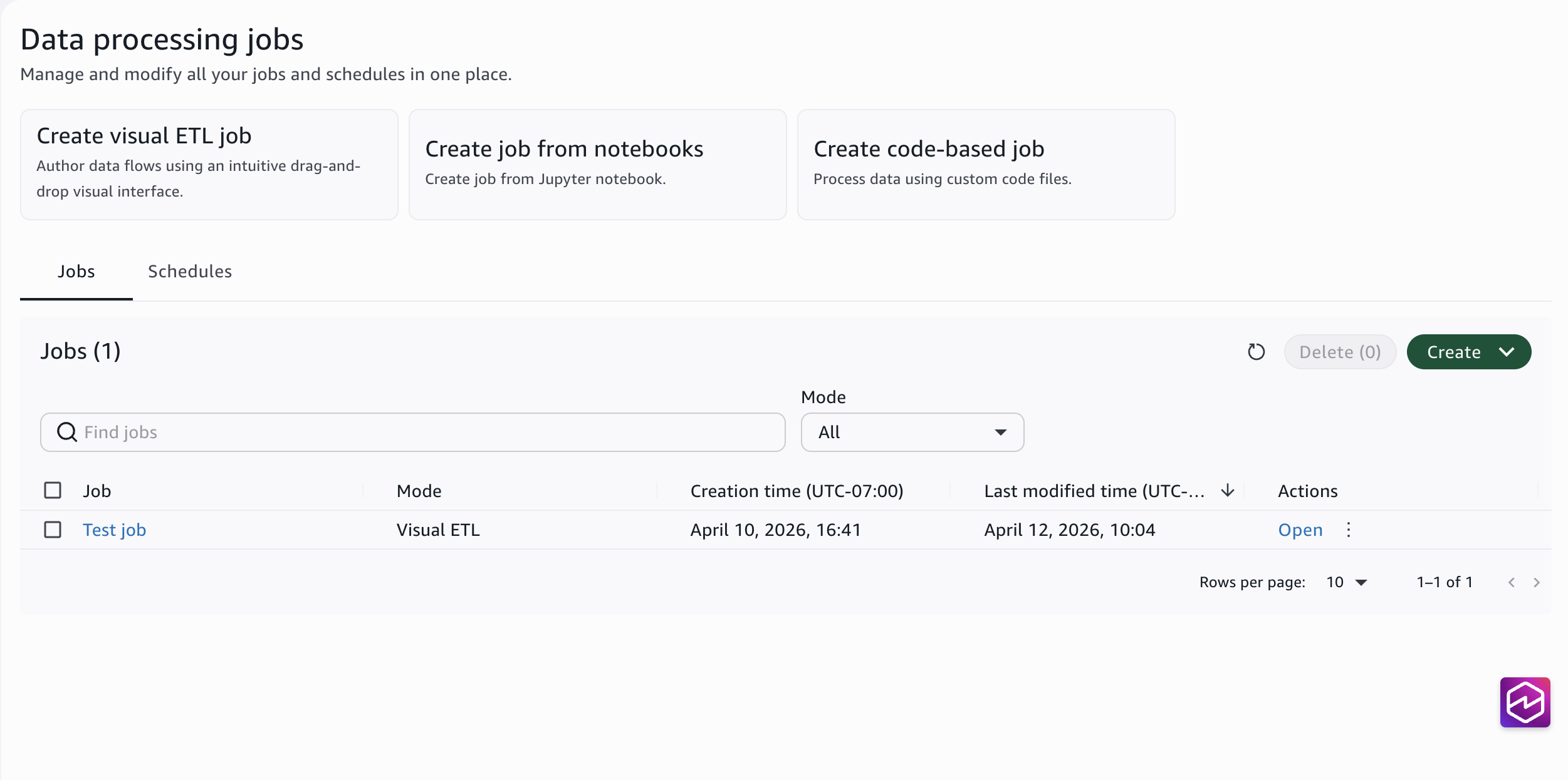 The Data processing jobs page showing the completed visual ETL job.