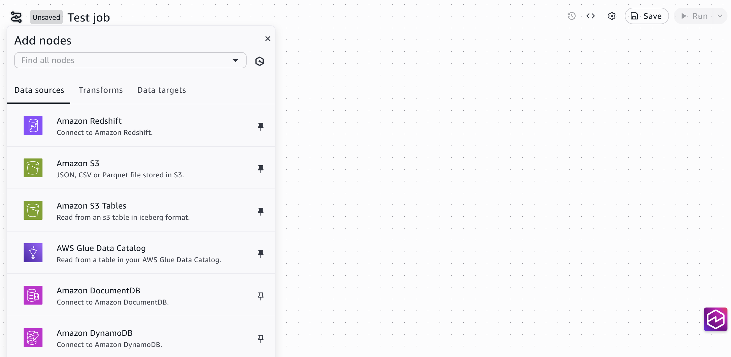 An empty visual ETL canvas ready for adding source, transform, and target nodes.
