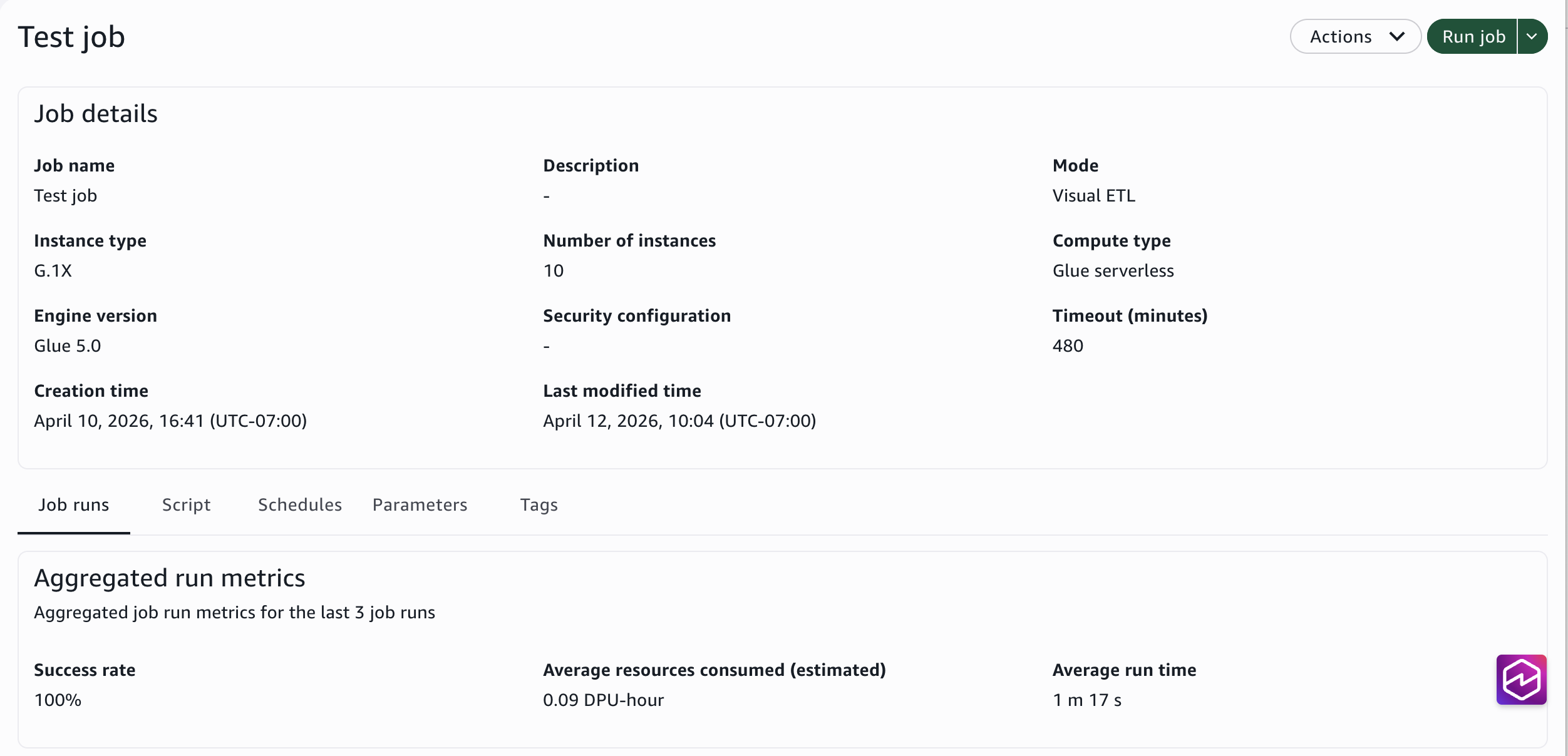 The job details page showing run history and job configuration.