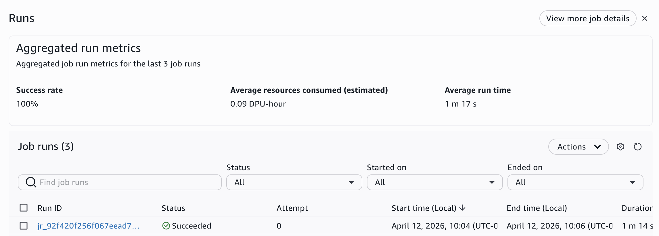 The completed job run showing success status.
